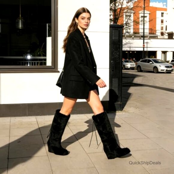 Knee High Faux Fur Boots Wedge Heel Winter Warm Plush Suede Adjustable - Picture 2 of 7